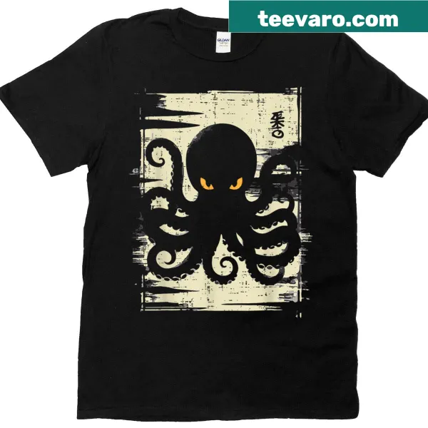 Vintage Ukiyo-e art of a black octopus on T-shirt