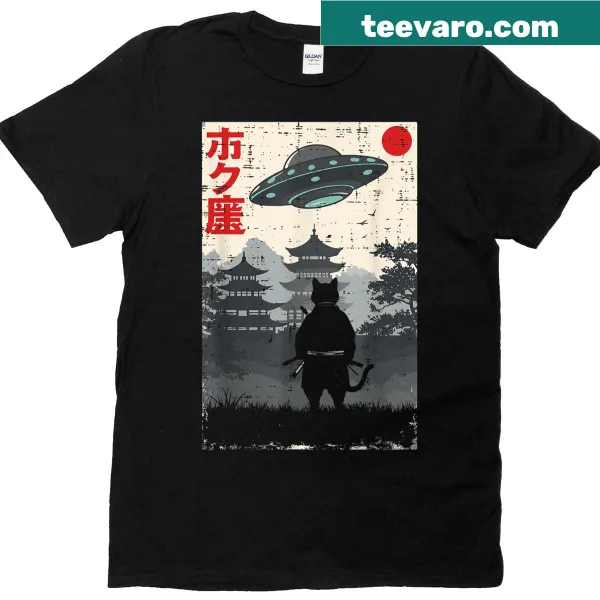 Ukiyo-e style t-shirt featuring a ninja cat in a UFO