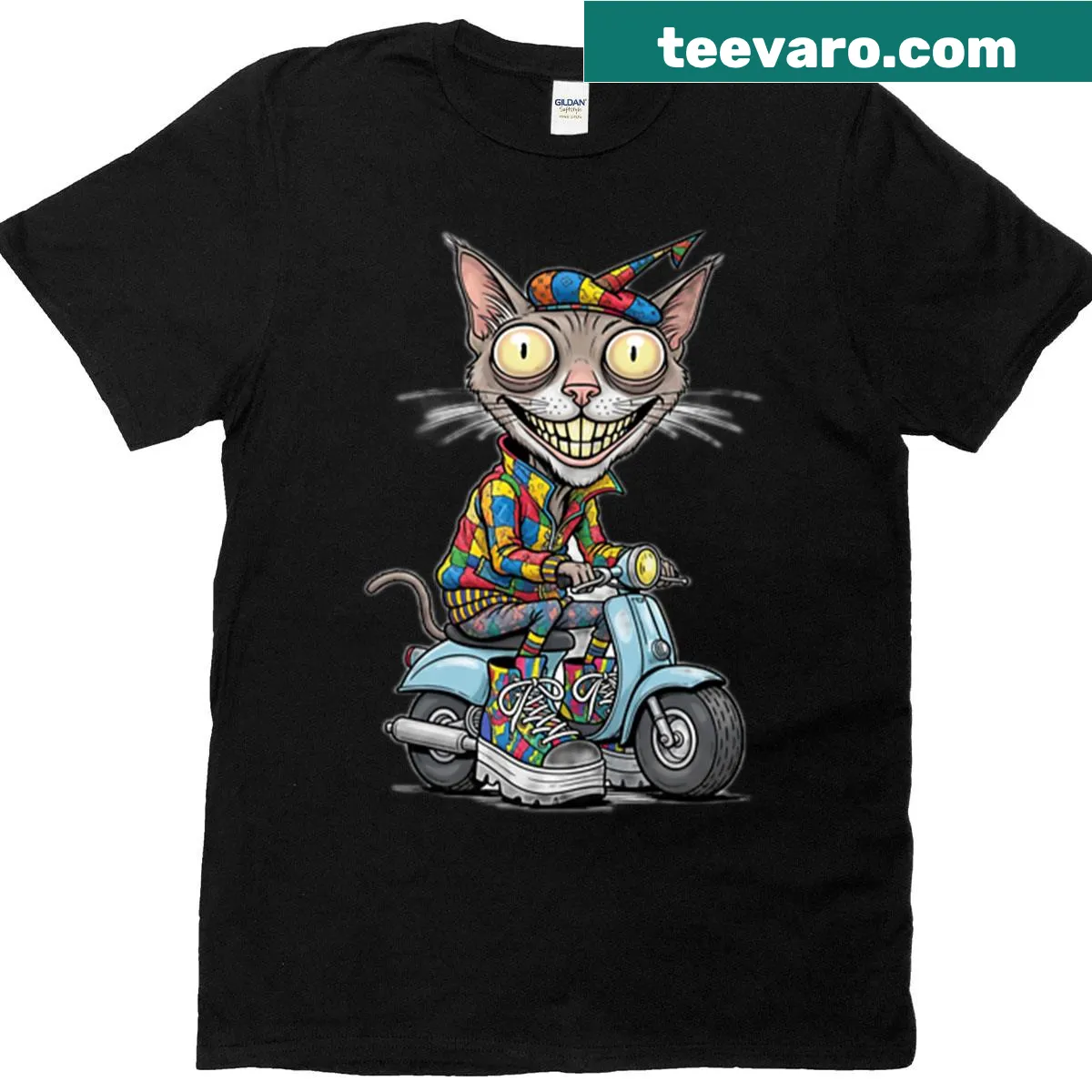 Playful cartoon cat in a jester hat riding a scooter — on a men's t-shirt