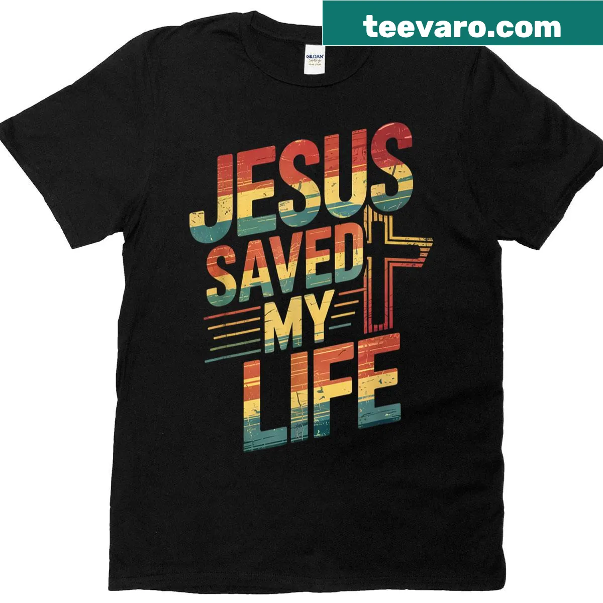 Retro t-shirt featuring the phrase Jesus Saved My Life in bold text — on a men's t-shirt