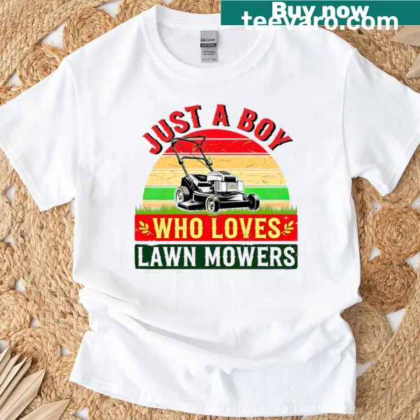 Illustrated T-shirt featuring a lawn mower, designed for gardening enthusiasts