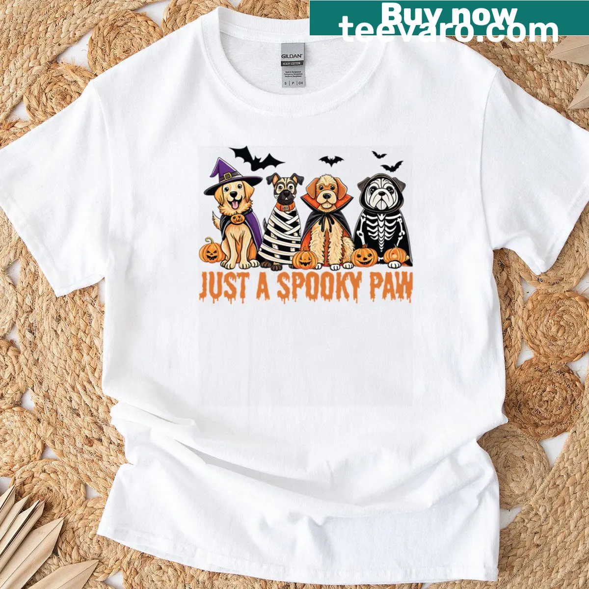 Oversized Halloween-themed shirt with spooky paw print design for dog lovers — on a men's t-shirt
