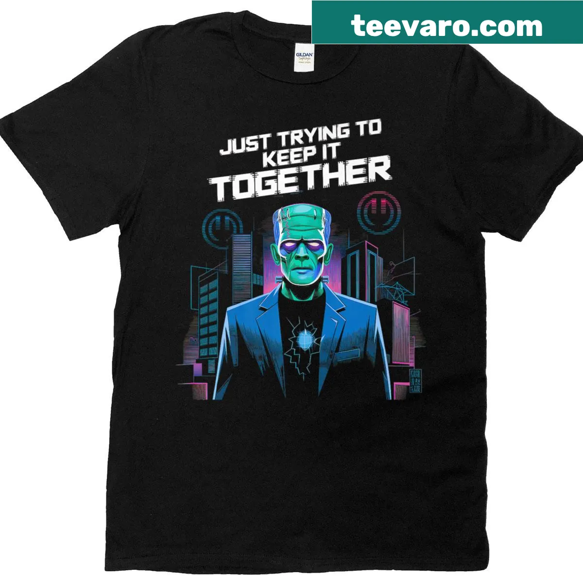 Halloween T-shirt featuring a humorous Frankenstein illustration — on a men's t-shirt