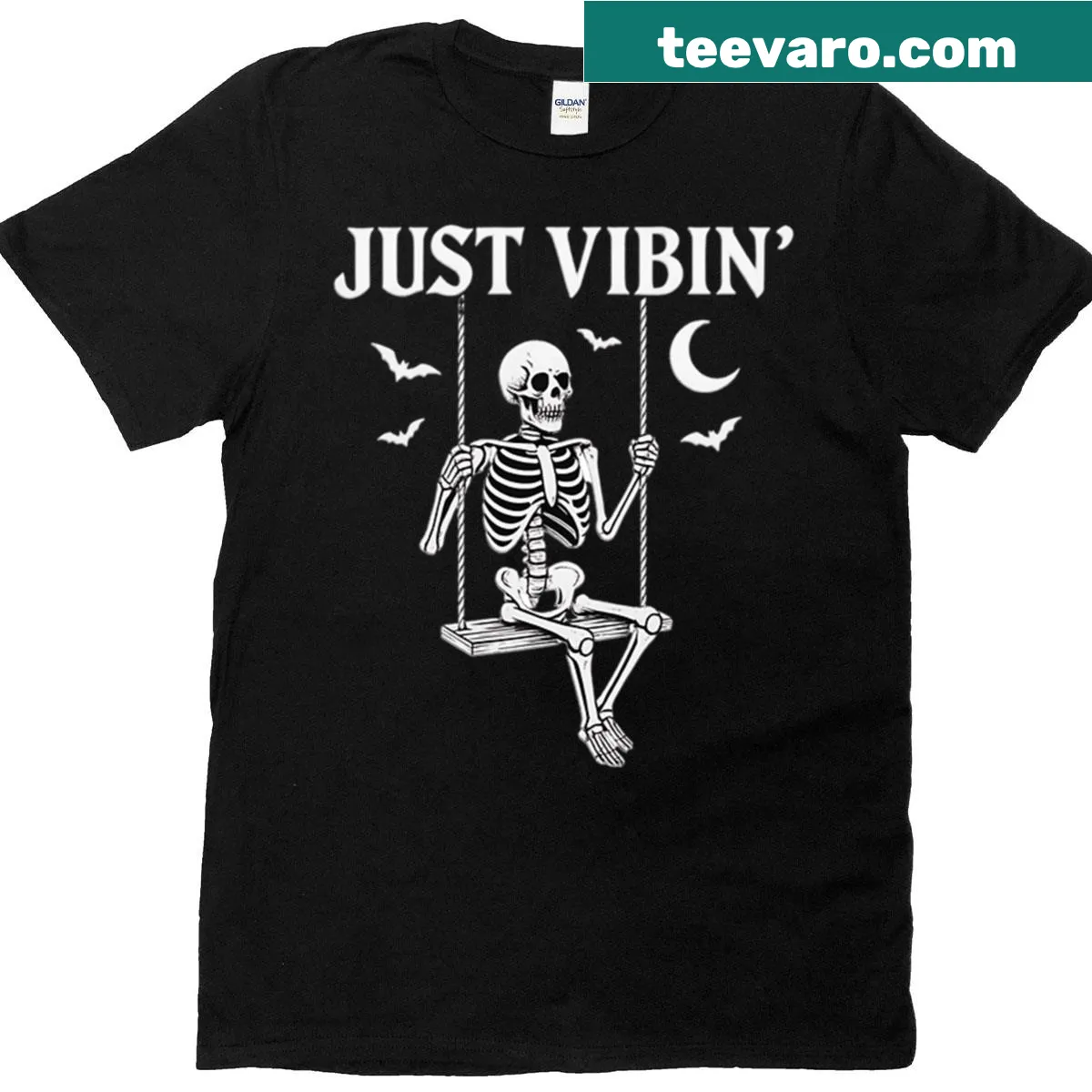 Funny Halloween shirt with a skeleton on a swing — on a men's t-shirt