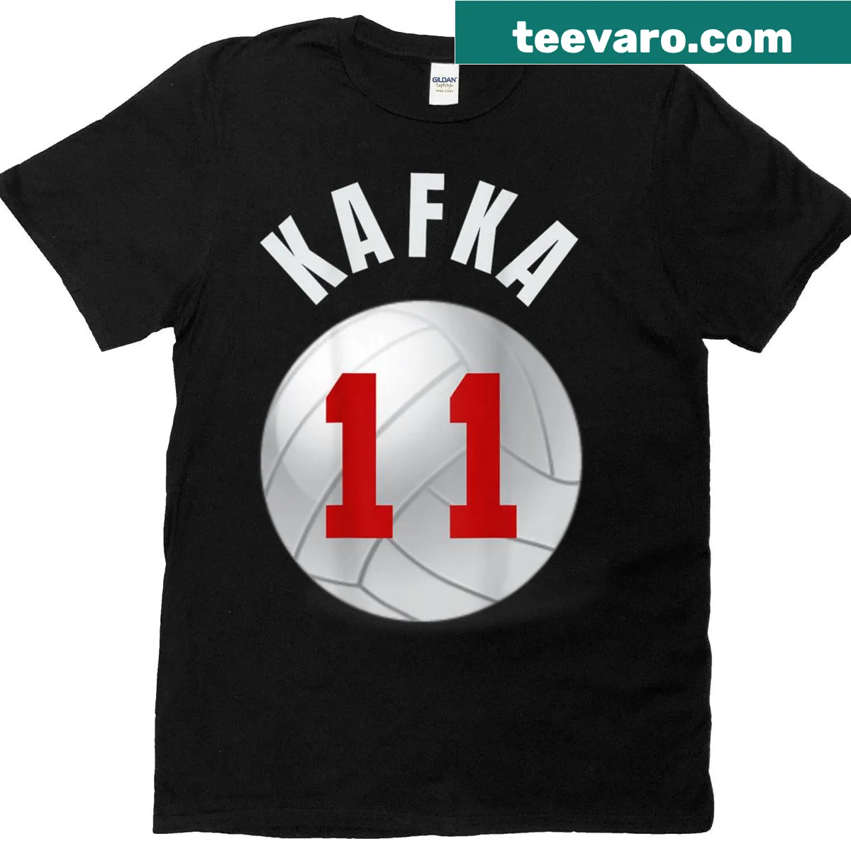 Volleyball fan t-shirt with bold Kafka graphic — on a men's t-shirt