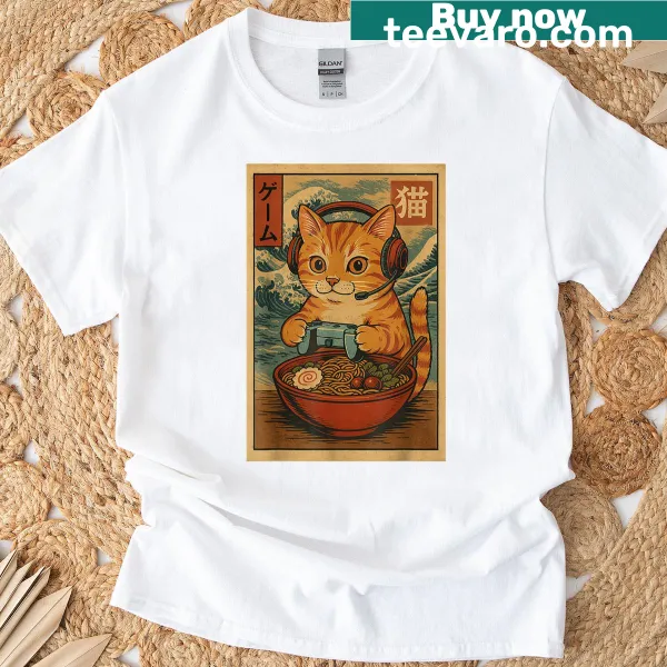 Kawaii cat enjoying ramen in a retro gaming style on a T-shirt