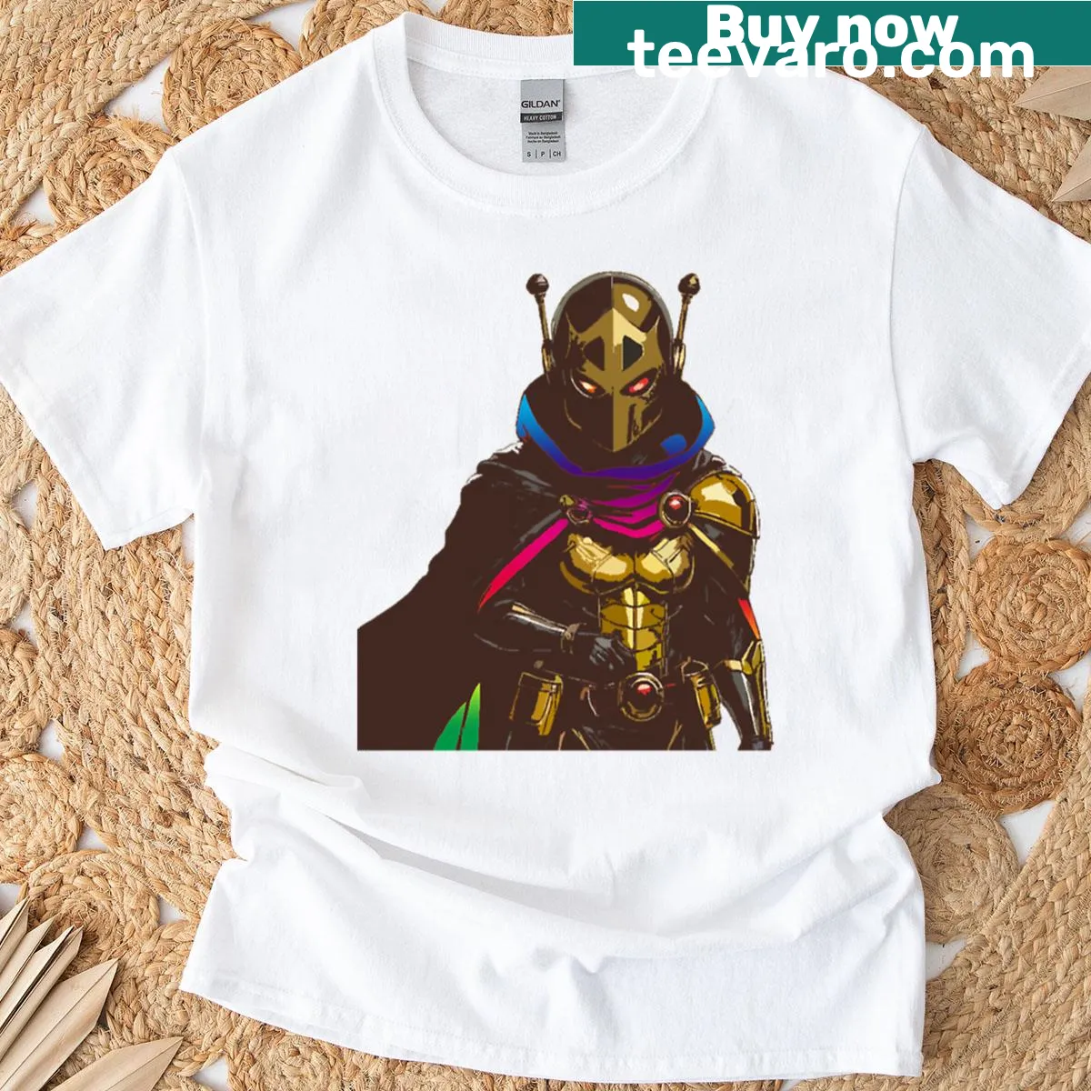 Charming t-shirt featuring ladybugs and irises illustration. — on a men's t-shirt