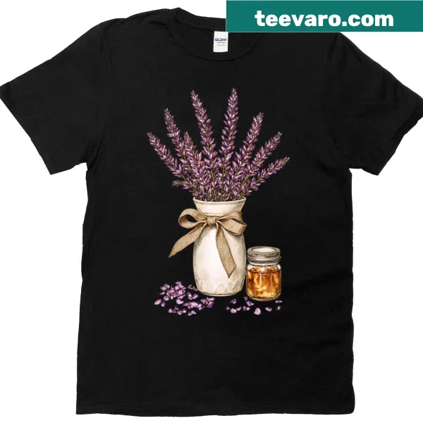 Illustrated t-shirt with lavender bouquet in a vase and honey jar