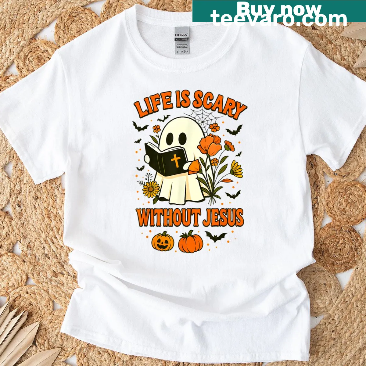Cute Halloween T-shirt with a friendly ghost and Christian message — on a men's t-shirt