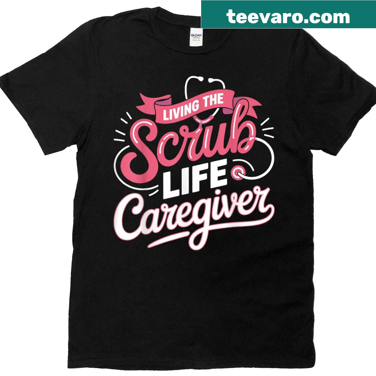 Illustrative T-shirt celebrating the scrub life for caregivers — on a men's t-shirt