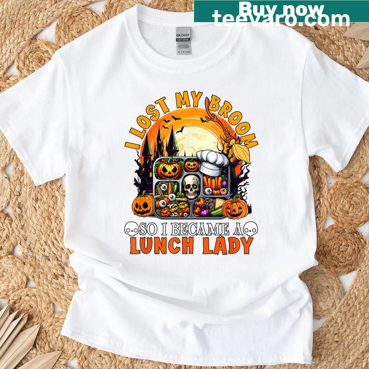 Funny Halloween T-shirt with text about being a lunch lady — on a men's t-shirt