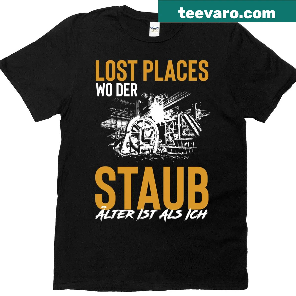Vintage-style t-shirt featuring abandoned building graphics for urban exploration — on a men's t-shirt
