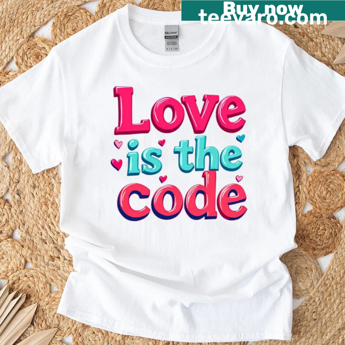Typographic Love Is The Code T-shirt with inspirational message — on a men's t-shirt