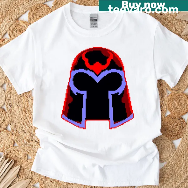 Retro pixelated Magneto helmet graphic on a t-shirt