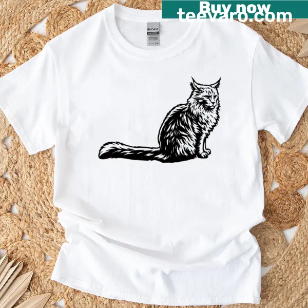 Black and white vector illustration of a Maine Coon cat on a t-shirt