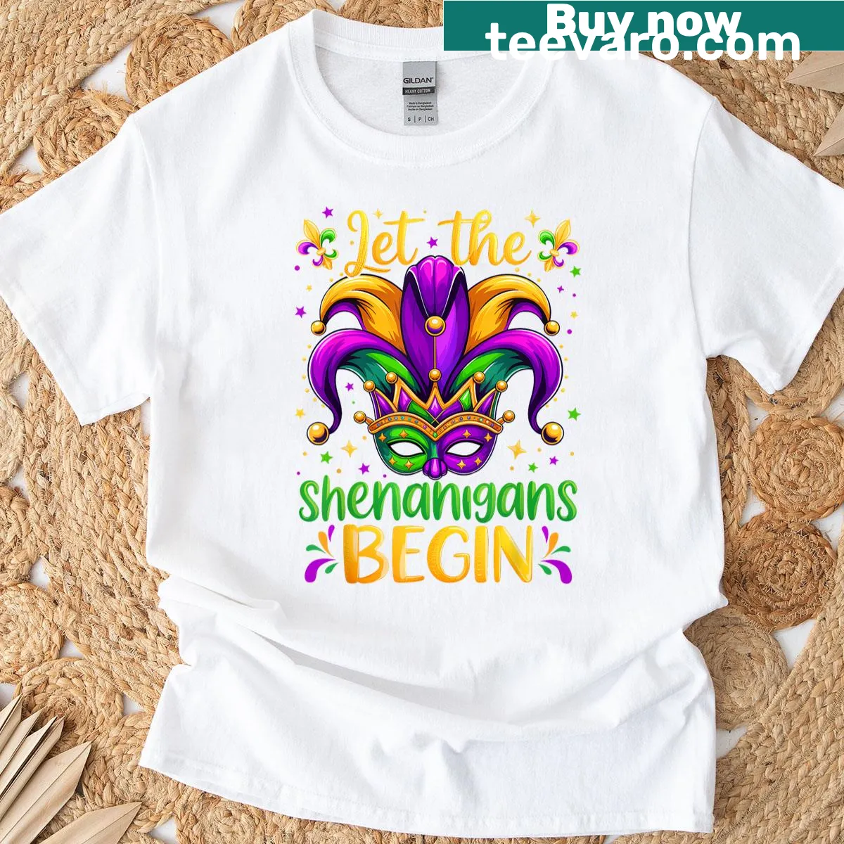 Mardi Gras t-shirt with festive graphics and shenanigans text — on a men's t-shirt