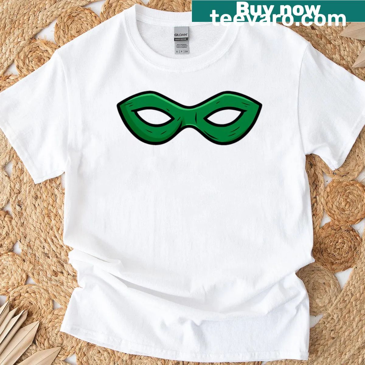 Cartoon-style kids t-shirt featuring a masked superhero sidekick — on a men's t-shirt
