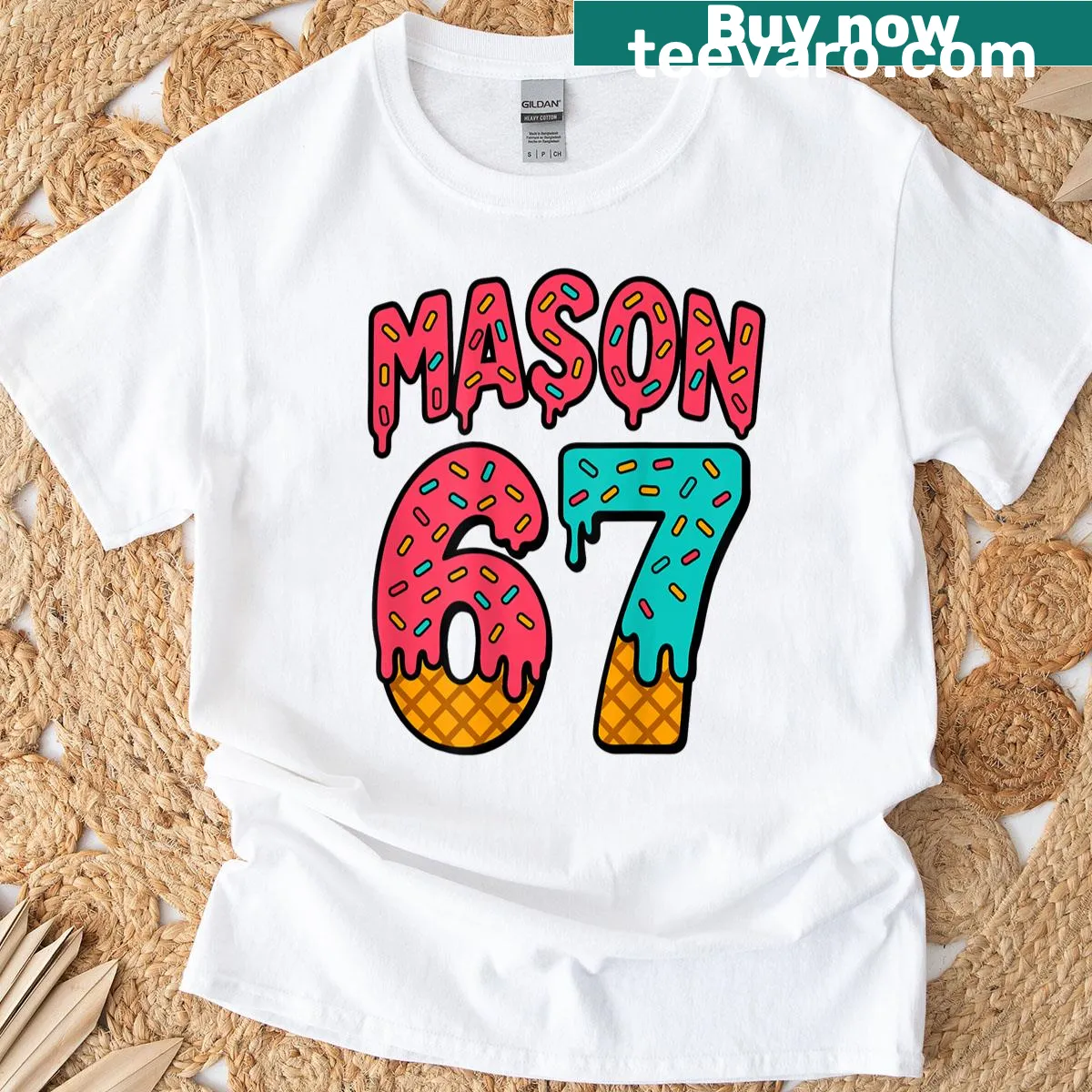 Cute ice cream-themed shirt with a playful meme and '67' on the back. — on a men's t-shirt