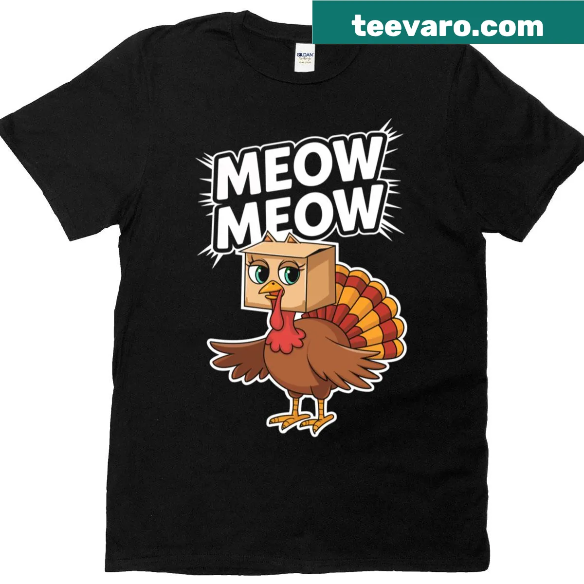Funny Thanksgiving t-shirt featuring a cat disguised as a turkey — on a men's t-shirt