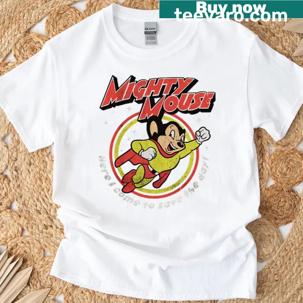 Vintage-style t-shirt featuring Mighty Mouse cartoon hero