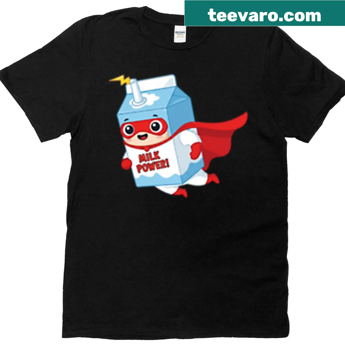 Cute cartoon milk box superhero graphic on a T-shirt — on a men's t-shirt