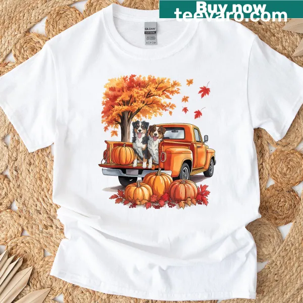 Thanksgiving T-shirt featuring Miniature American Shepherd with pumpkins