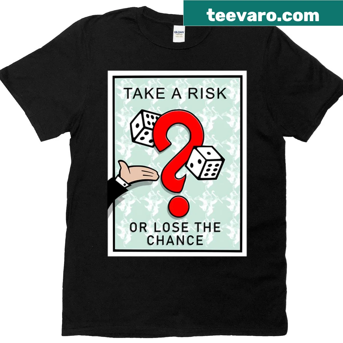 T-shirt inspired by Monopoly with risk-taking phrase — on a men's t-shirt