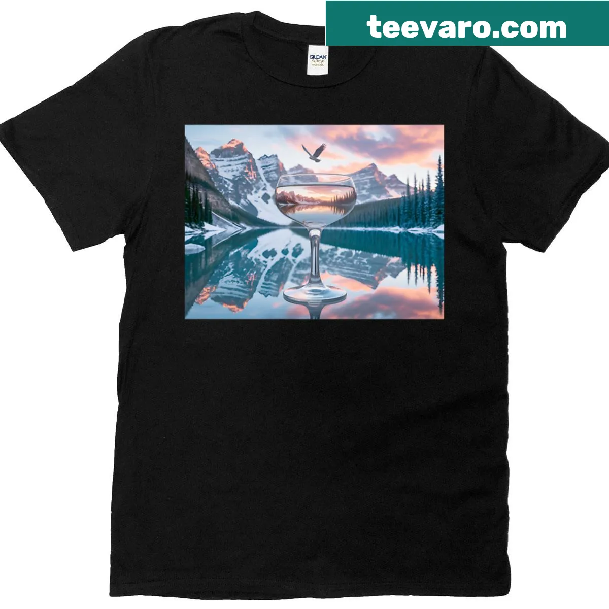 T-shirt with mountain sunset reflected in a glass design — on a men's t-shirt