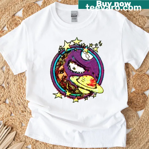 Illustration of moon and stars on a soft graphic t-shirt