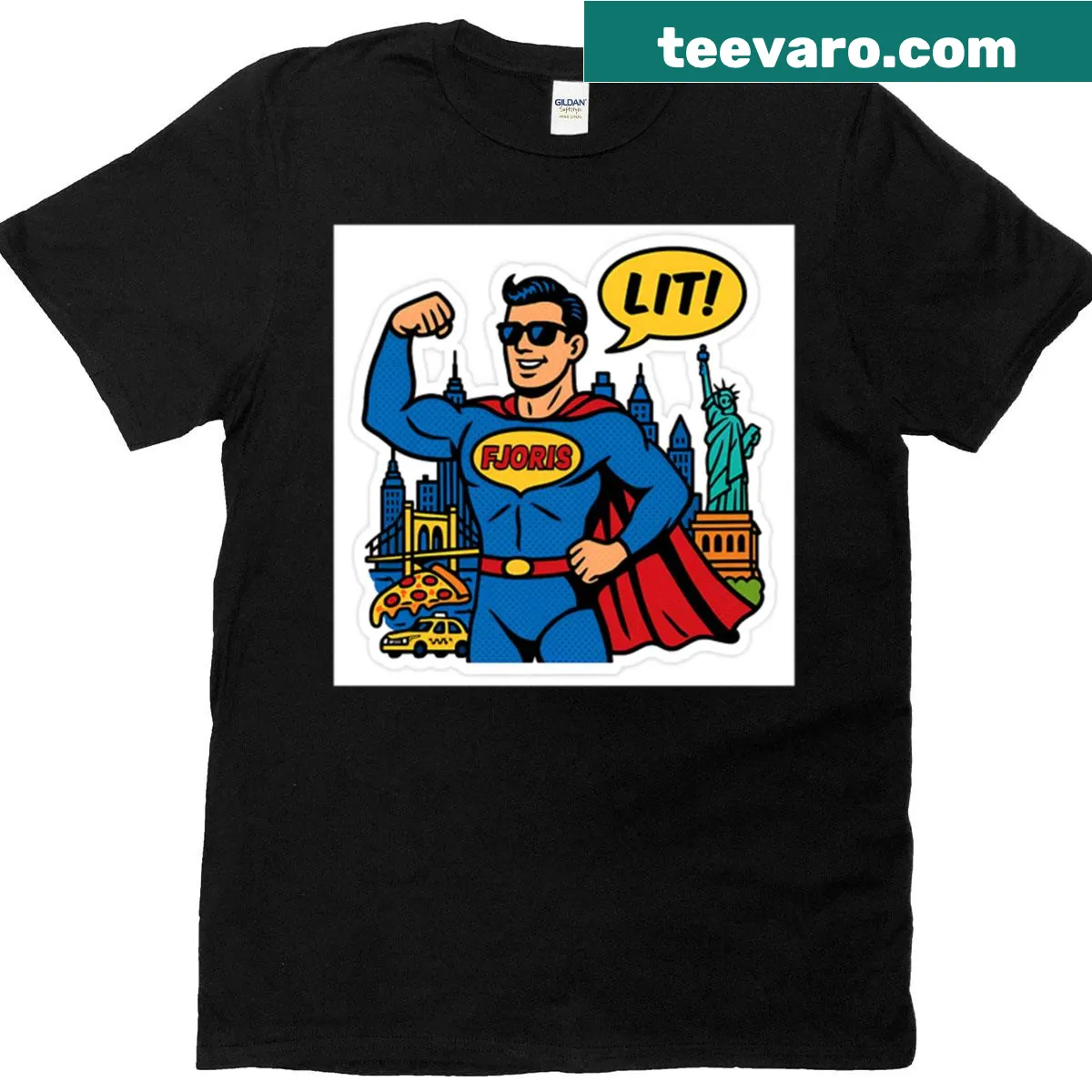 Pop art superhero design T-shirt inspired by New York City — on a men's t-shirt