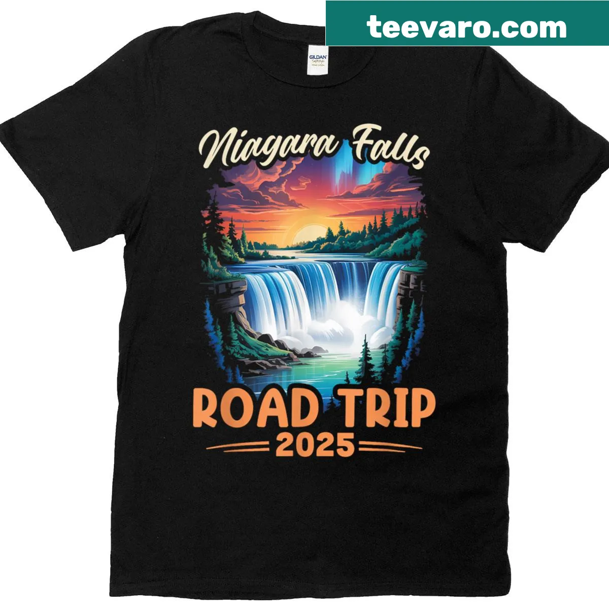 Illustrative T-shirt featuring a family road trip to Niagara Falls — on a men's t-shirt