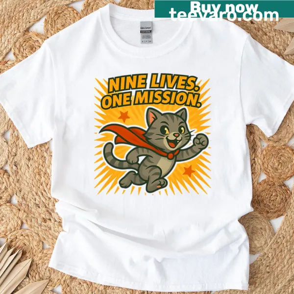 Oversized t-shirt with superhero cat graphic and bold text