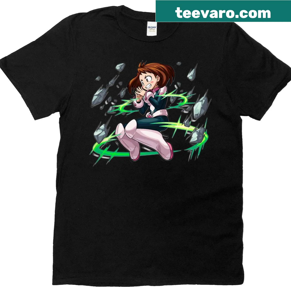 Graphic T-shirt featuring Ochaco Uraraka in a playful pose — on a men's t-shirt