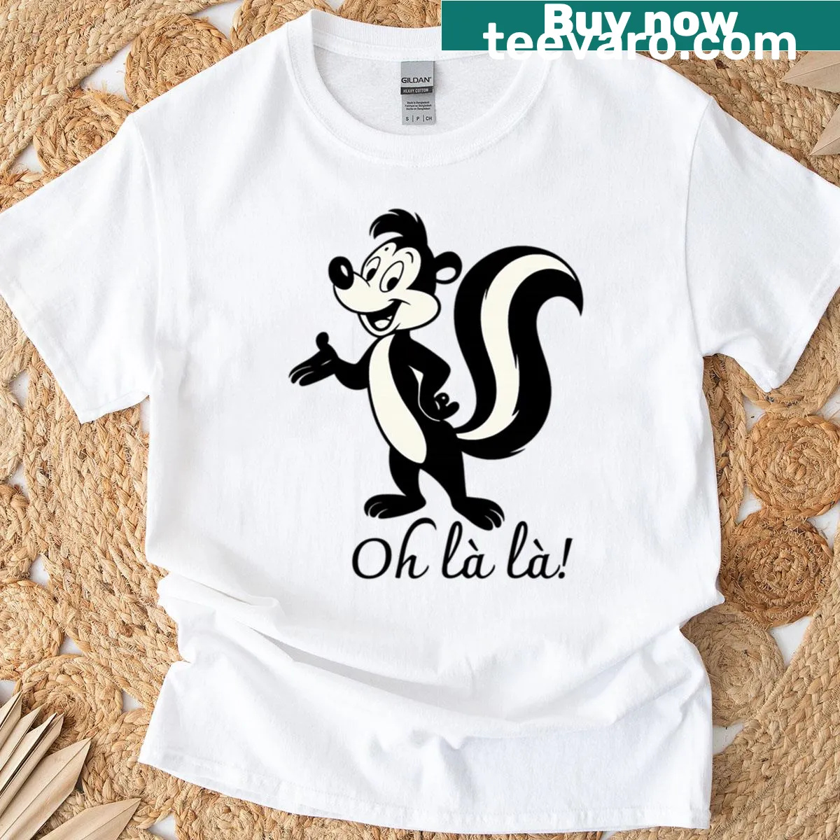 Oversized T-shirt featuring a whimsical illustration of Pepe the French skunk — on a men's t-shirt