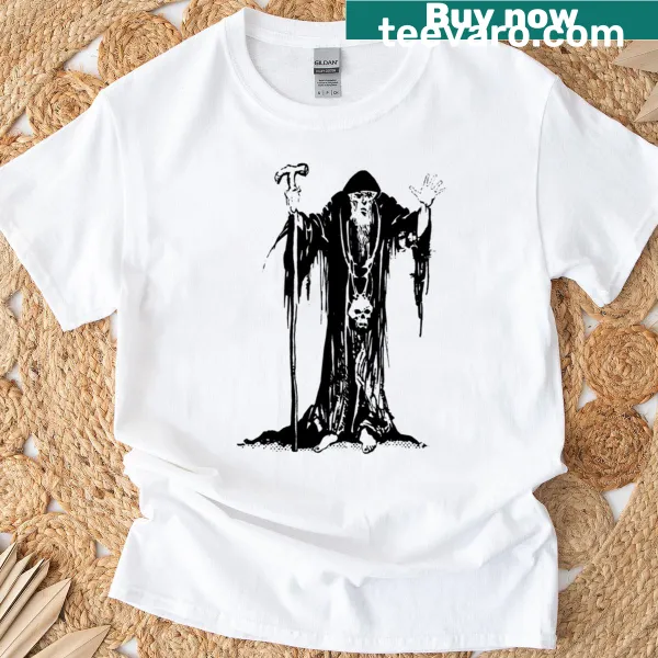 Illustrated T-shirt featuring an old sage wizard character