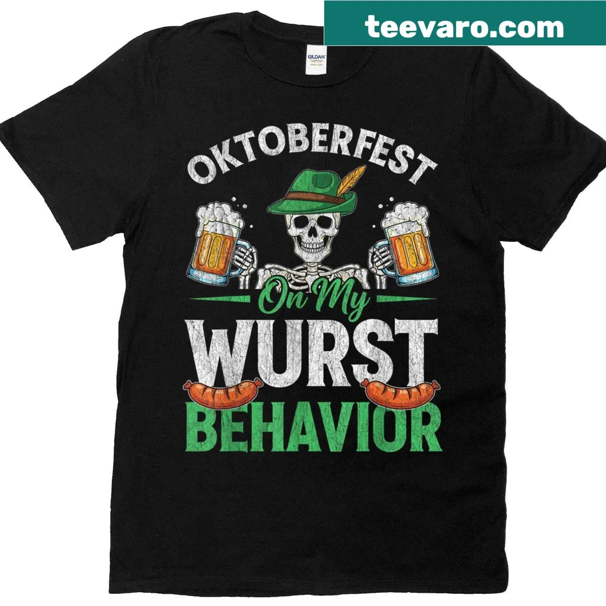 Funny Oktoberfest T-shirt with 'On My Wurst Behavior' graphic — on a men's t-shirt