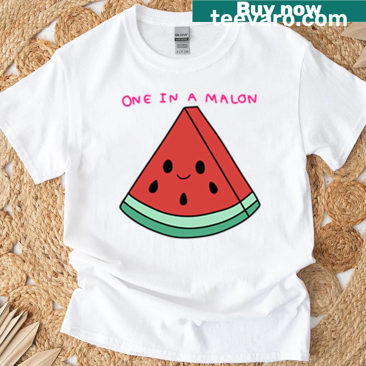 Cute T-shirt with watermelon pun 'One In A Malon' in fun typography — on a men's t-shirt