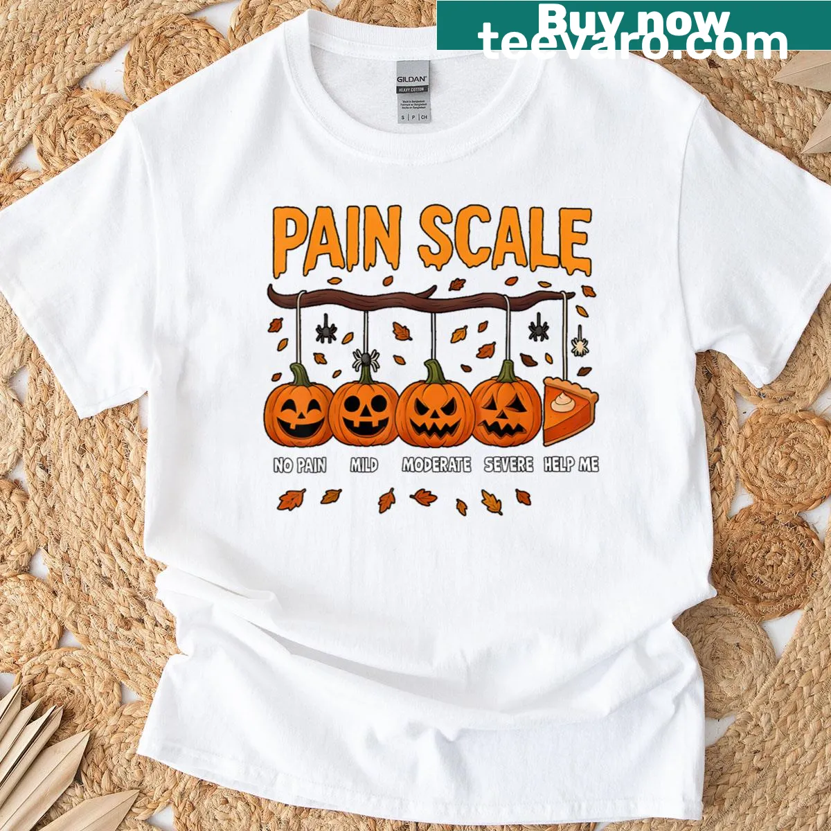 Pumpkin-themed pain scale graphic for nurses on a T-shirt — on a men's t-shirt