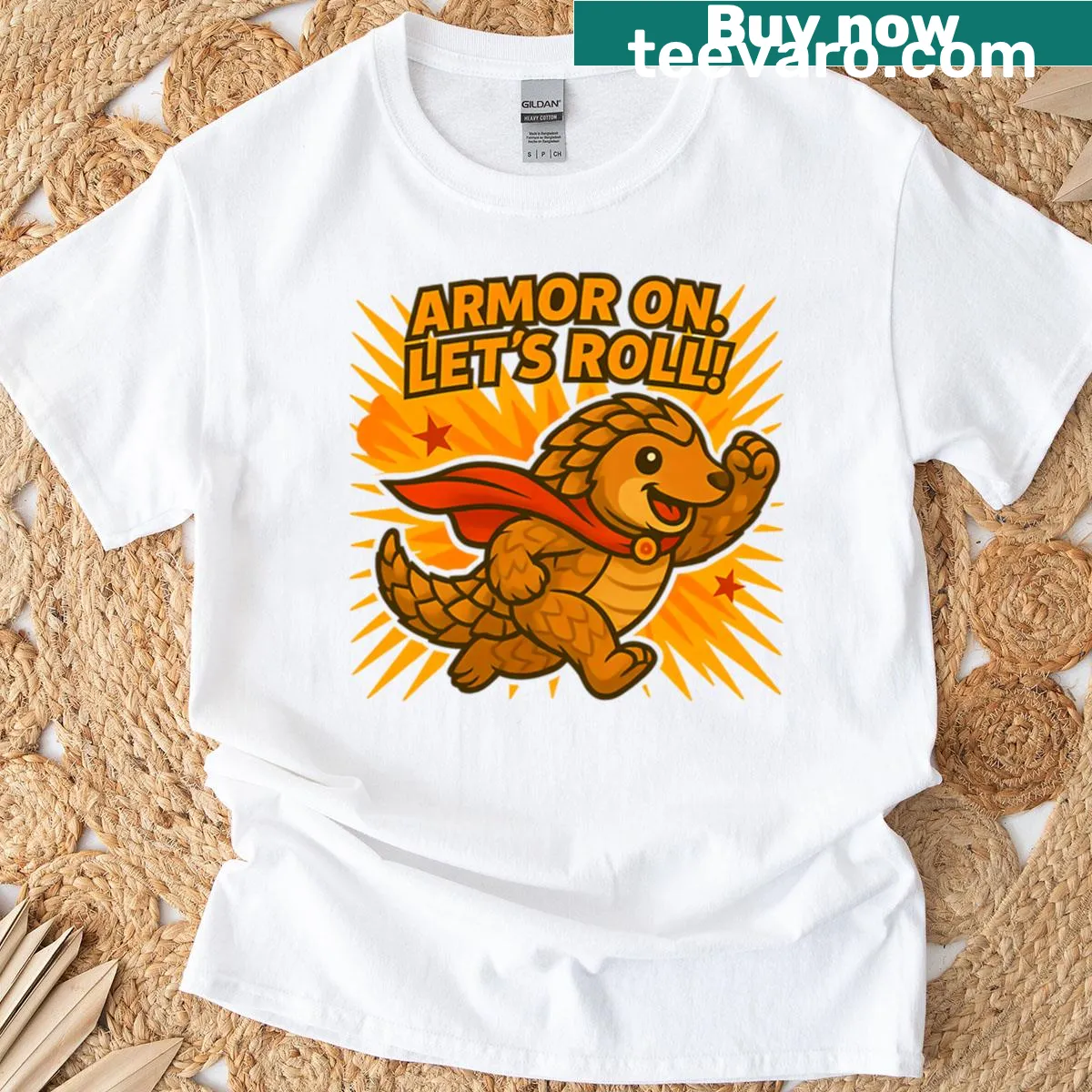 Fun superhero design featuring a pangolin and armadillo illustration. — on a men's t-shirt