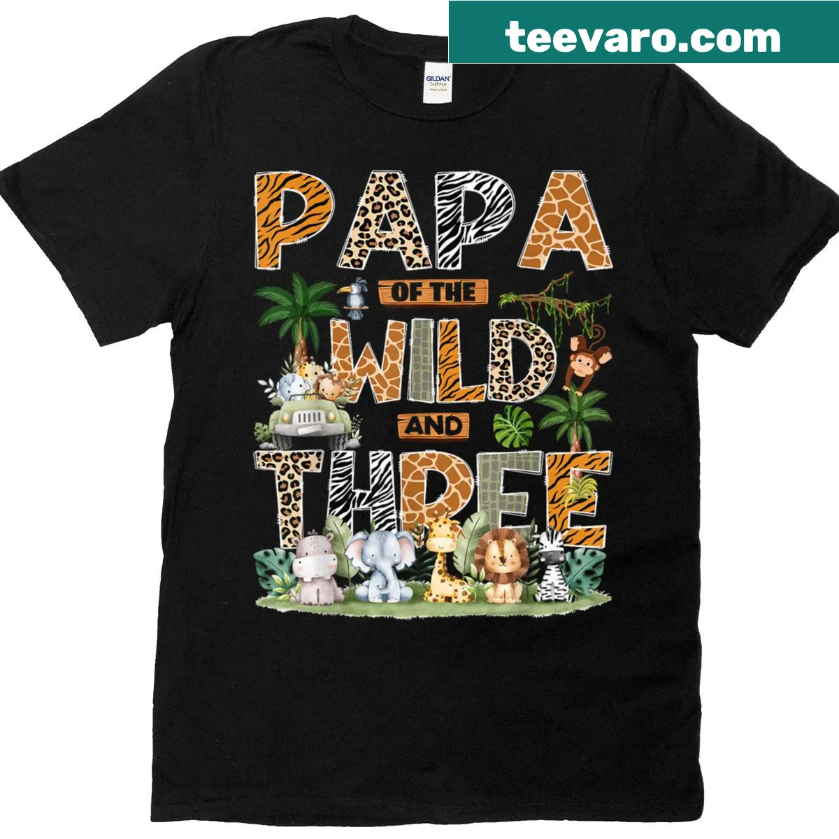 T-shirt celebrating a child's 3rd birthday with a safari jungle theme — on a men's t-shirt