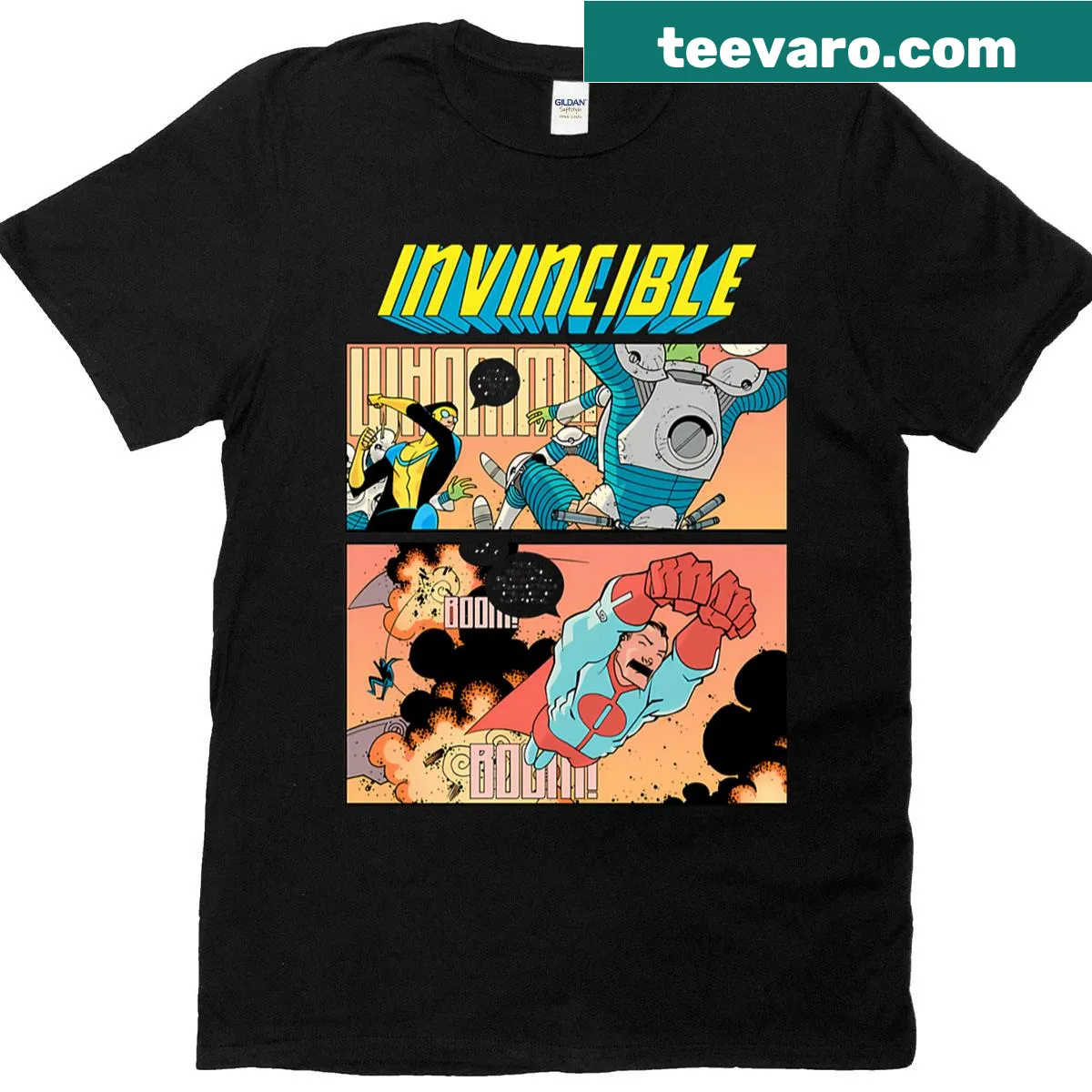 Vintage-style cartoon father-son superhero graphic t-shirt — on a men's t-shirt