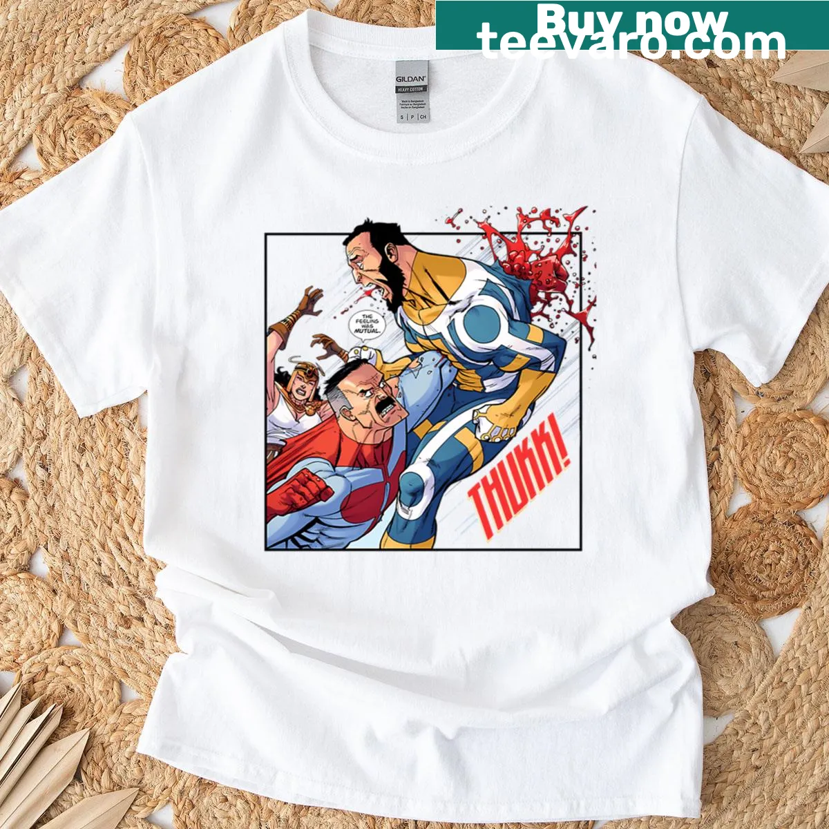 Vintage-style cartoon superhero father and son graphic t-shirt — on a men's t-shirt