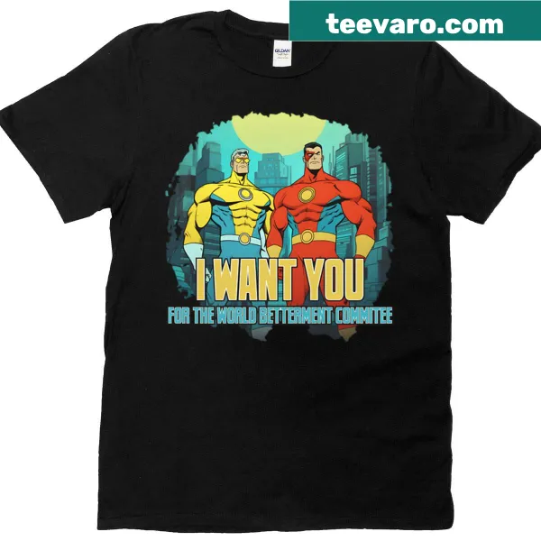 Vintage parody T-shirt with father-son superhero cartoon