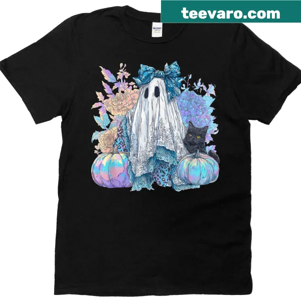 A cute Halloween t-shirt featuring a lace ghost design with a bow and leopard accents.