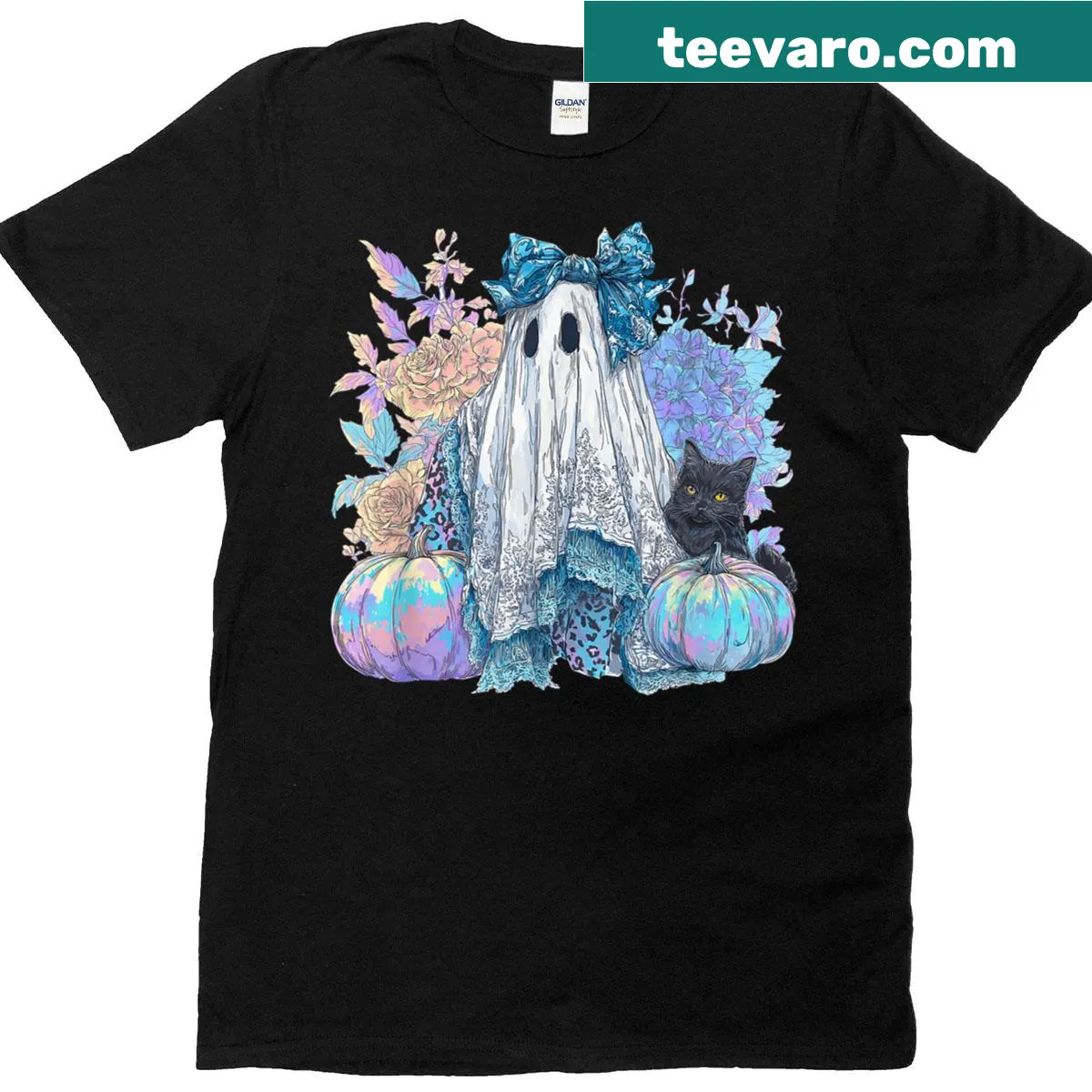 A cute Halloween t-shirt featuring a lace ghost design with a bow and leopard accents. — on a men's t-shirt