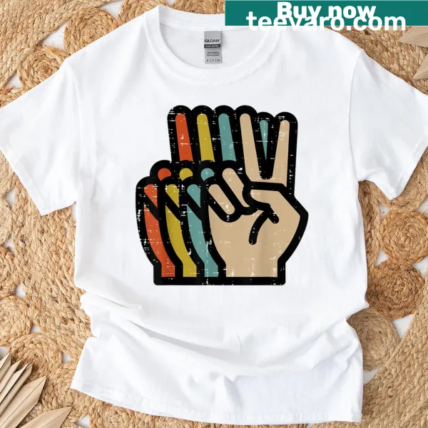 Vintage peace hand graphic T-shirt in retro style.