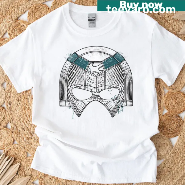 Illustration of Peacemaker helmet on a T-shirt.