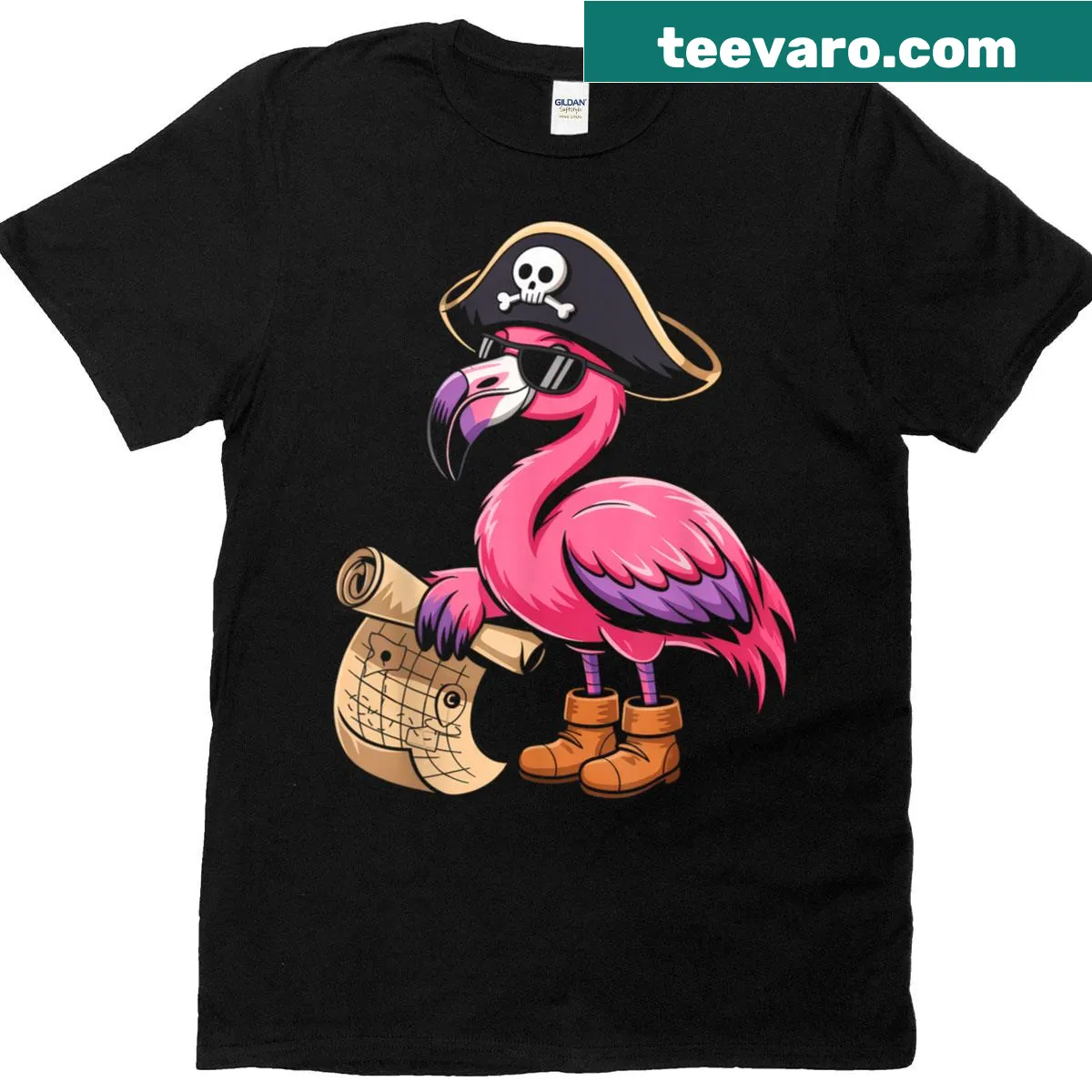 Pirate-themed pink flamingo Halloween T-shirt — on a men's t-shirt