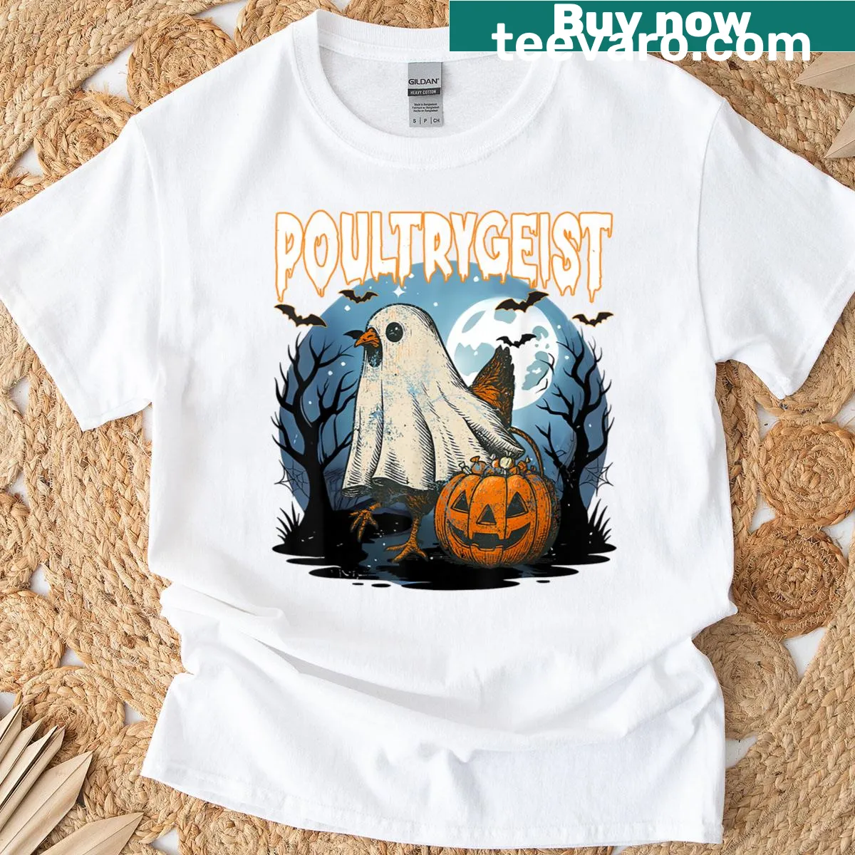 Cartoon ghost chicken floating above a pumpkin for Halloween fun — on a men's t-shirt