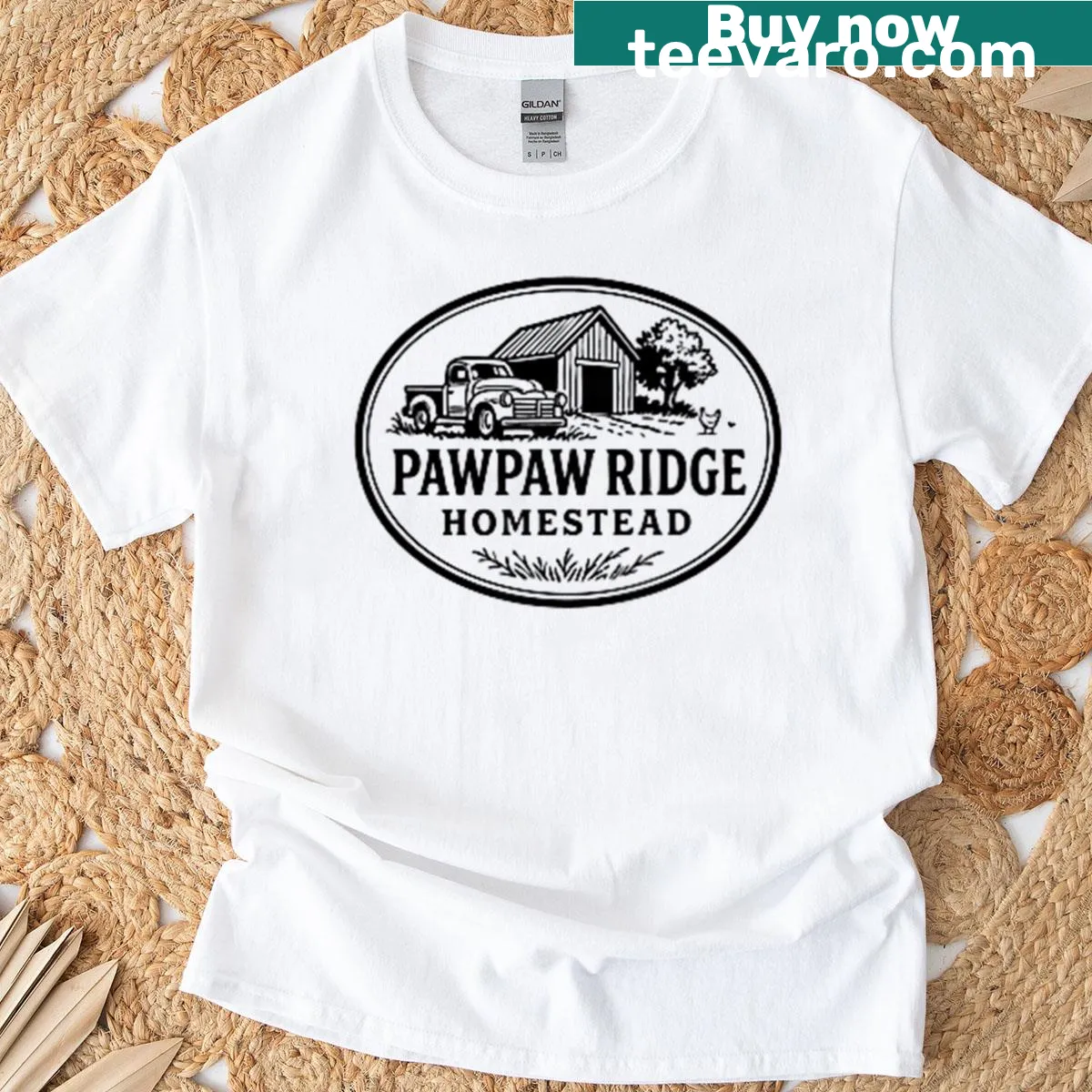 Playful cartoon chicken and truck design on T-shirt — on a men's t-shirt
